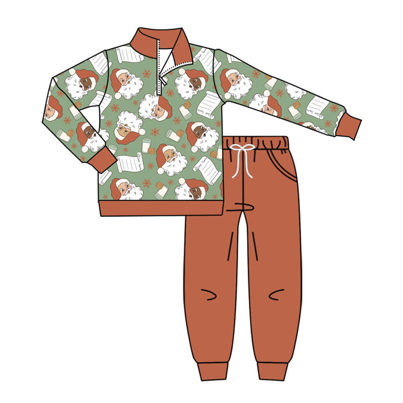 ( Moq 5 ) Preorder Baby Boy Santa Cookies Zipper Pullover Shirt Pockets Brown Pants Christmas Set