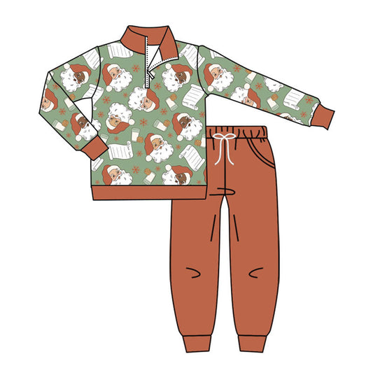 ( Moq 5 ) Preorder Baby Boy Santa Cookies Zipper Pullover Shirt Pockets Brown Pants Christmas Set