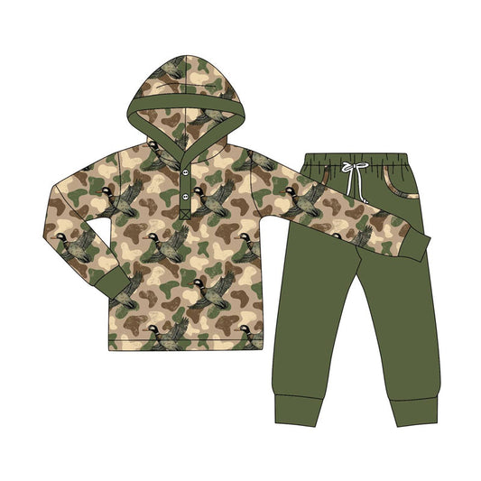 ( Moq 5 ) Preorder Boy Infant Camo Ducks Hoodie Buttons Shirt Pockets Green Pants Set