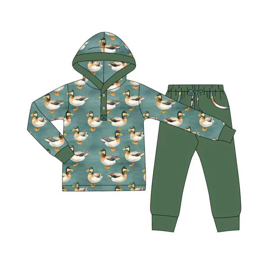 ( Moq 5 ) Preorder Boys Kids Ducks Hoodie Buttons Shirt Pockets Green Pants Clothes Set