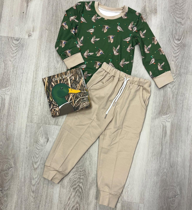( Moq 5 ) Preorder Boy Kids Long Sleeves Ducks Green Shirt Pockets Pants Clothes Set