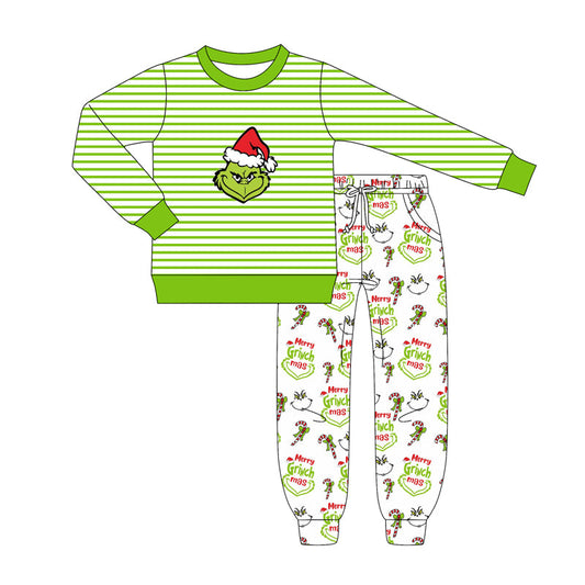 ( Moq 5 ) Preorder Boys kids Green Face Stripes Shirt Pockets Pants Christmas Clothes Set