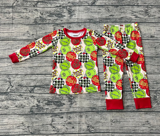 ( No moq ) Preorder Kids Toddler Green Face Lights Shirt Pants Christmas Pajamas Set