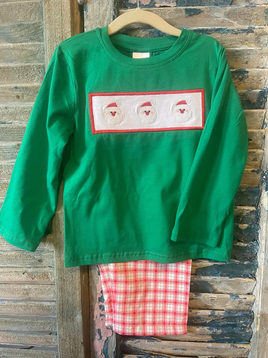 ( Moq 5 ) Preorder Boys Kids Long Sleeves Santa Green Shirt Plaid Pants Christmas Clothes Set