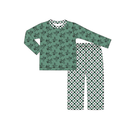 ( Moq 5 ) Preorder Boys Kids Long Sleeves Planes Shirt Plaid Pants Green Clothes Set