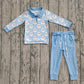 Boys Kids Long Sleeves Santa Christmas Shirt Blue Pants Set RTS