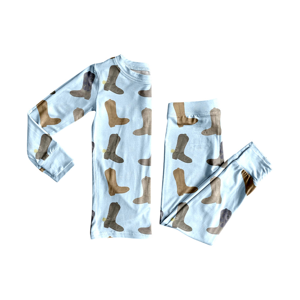 ( Moq 5 ) Preorder Boys Kids Long Sleeves Western Boots Blue Shirt Pants Pajamas Set