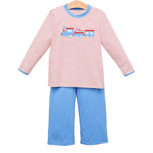 ( Moq 5 ) Preorder Boys Kids Hearts Train Stripes Shirt Blue Pants Valentine's Day Set