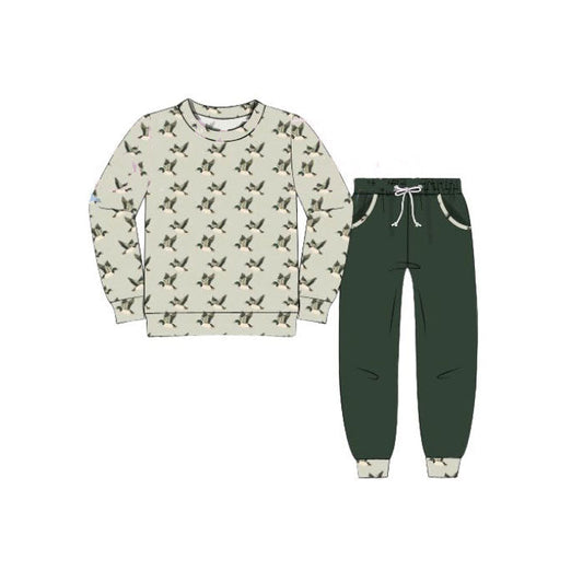 ( Moq 5 ) Preorder Boys Kids Long Sleeves Ducks Shirt Pockets Green Pants Clothes Set