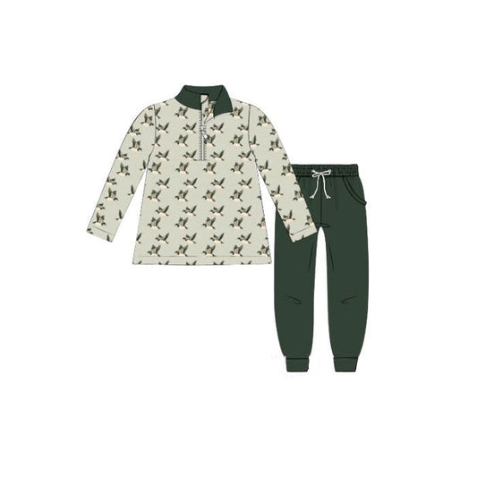( Moq 5 ) Preorder Boys Kids Long Sleeves Ducks Zipper Shirt Pockets Green Pants Clothes Set