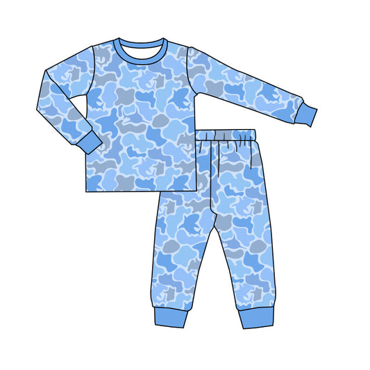 ( Moq 5 ) Preorder Boys Kids Long Sleeves Shirt Blue Camo Pants Pajamas Clothes Set
