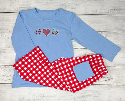 ( Moq 5 ) Preorder Baby Boys Kids Hearts Blue Shirt Plaid Pocket Pants Valentine's Day Clothes Set