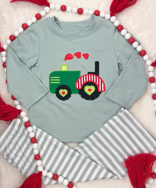 ( Moq 5 ) Preorder Baby Boys Kids Hearts Tractor Shirt Stripes Pants Valentine's Day Clothes Outfit