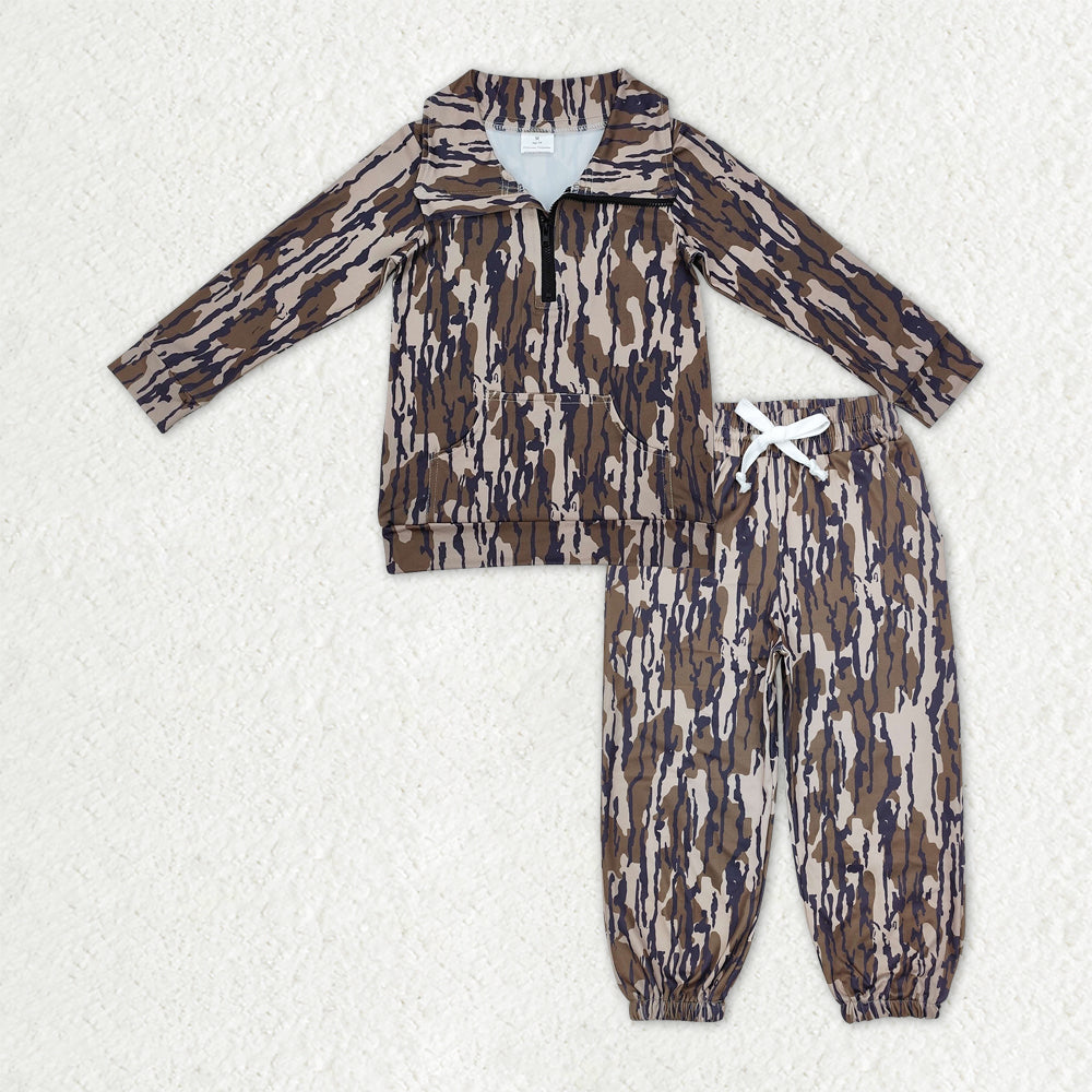 Sibling Baby Boys Kids Long Sleeves Camo Zipper Shirt Pockets Pants Clothes Set RTS