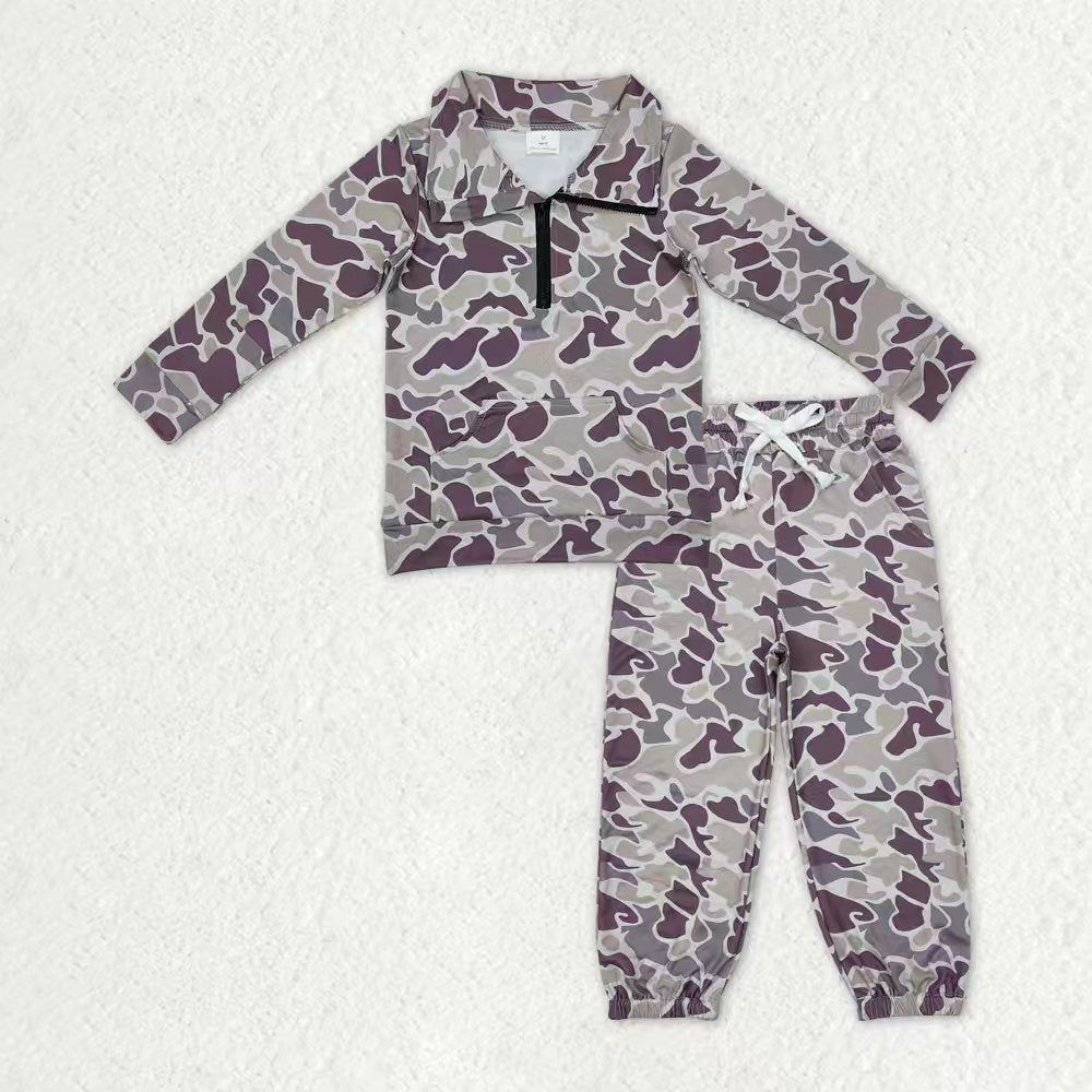 Sibling Baby Boys Kids Long Sleeves Camo Zipper Shirt Pockets Pants Clothes Set RTS