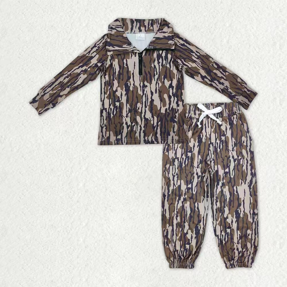 Sibling Baby Boys Kids Long Sleeves Camo Zipper Shirt Pockets Pants Clothes Set RTS