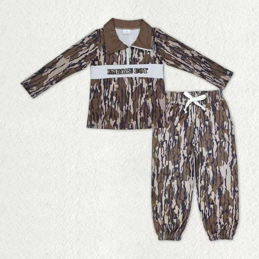 Baby Boys Kids Embroidery Mama's Boy Zipper Shirt Pockets Pants Camo Clothes Set RTS
