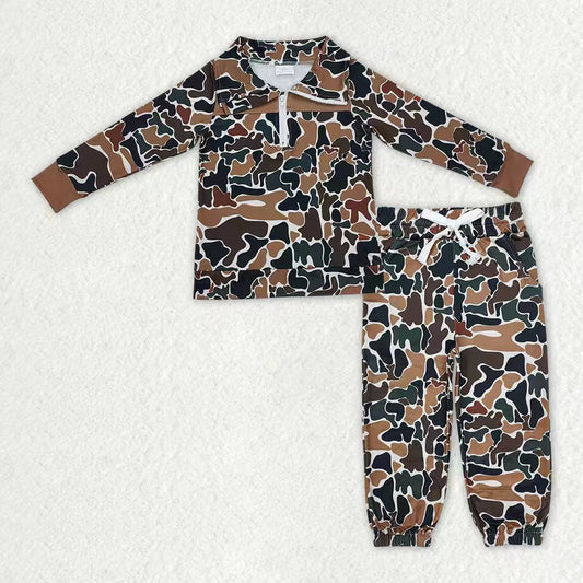 Baby Boys Long Sleeves Zipper Pullover Green Brown Camo Pockets Jogger Pants Clothes Set RTS