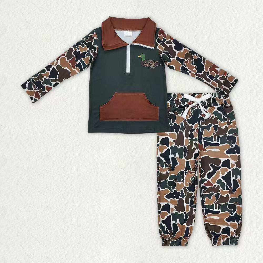 Sibling Baby Boys Kids Embroidery Mama's Boy Ducks Dogs Camo Zipper Hunting Clothes Set RTS