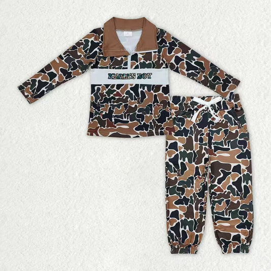 Baby Boys Kids Embroidery Mama's Boy Zipper Shirt Pockets Pants Brown Camo Clothes Set RTS