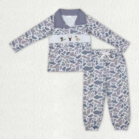 Baby Boys Kids Embroidery Grey Dog Duck Deer Camo Zipper Shirt Pockets Pants Clothes Set RTS