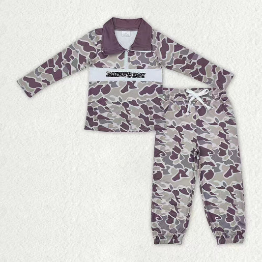 Baby Boys Kids Embroidery Dark Grey Camo Zipper Mama's Boy Shirt Pockets Pants Clothes Set RTS