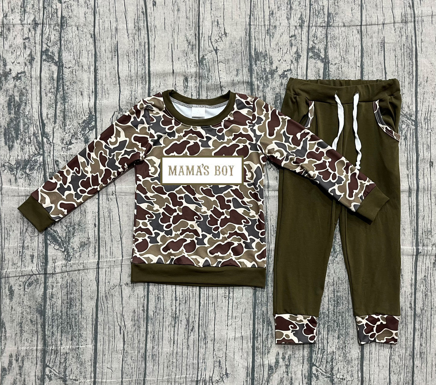 ( No moq ) Preorder Baby Boys Embroidery Mama's Boy Camo Shirt Pockets Pants Clothes Green Set