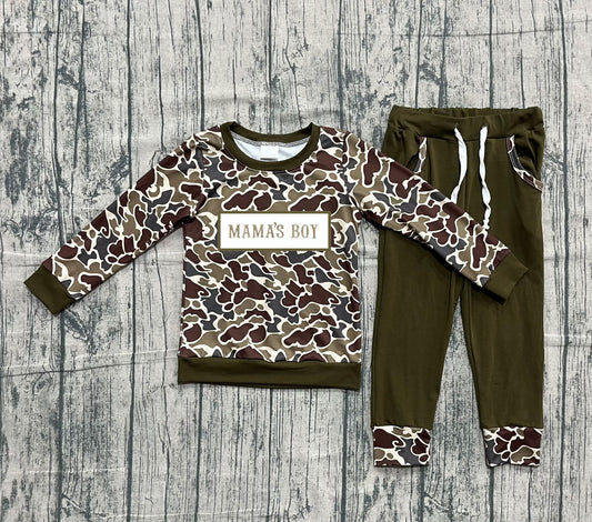 ( No moq ) Preorder Baby Boys Embroidery Mama's Boy Camo Shirt Pockets Pants Clothes Green Set
