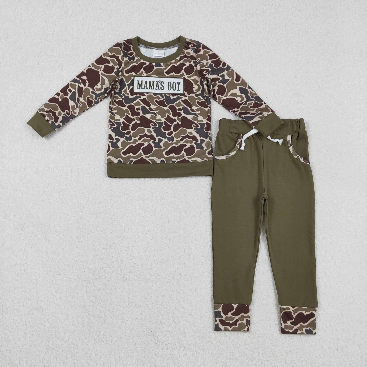 Sibling Baby Boys Kids Long Sleeves Embroidery Mama's Boy Camo Shirt Pockets Pants Sets RTS