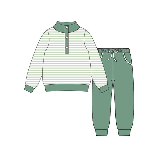 ( Moq 5 ) Preorder Baby Boys Long Sleeves Stripes Buttons Shirt Pockets Green Pants Clothes Set