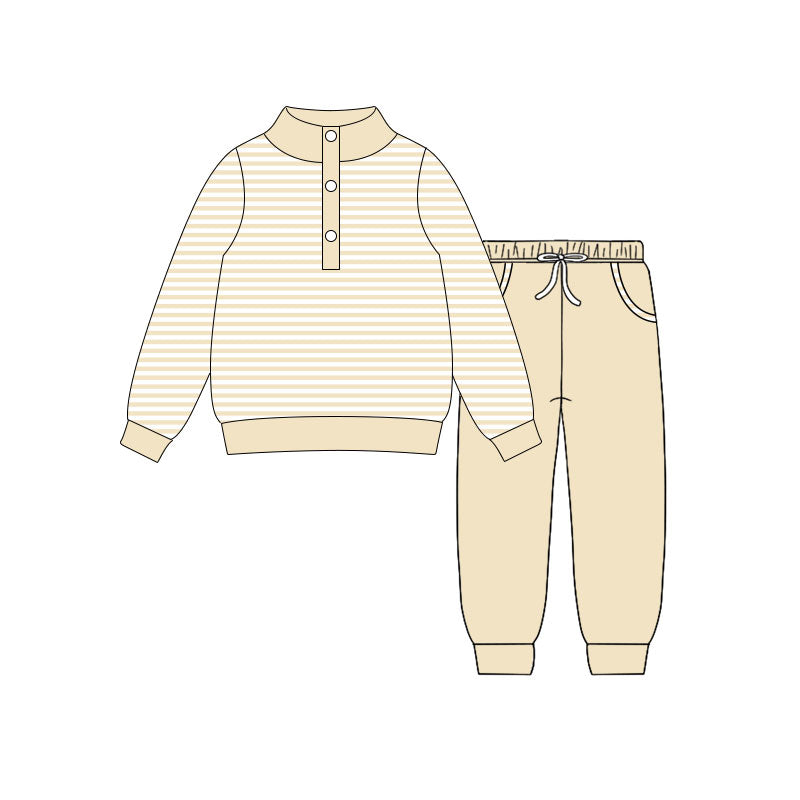 ( Moq 5 ) Preorder Baby Kids Toddler Long Sleeves Stripes Buttons Shirt Pockets Yellow Pants Clothes Set