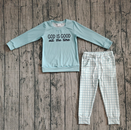 ( No moq ) Preorder Baby Boys Kids Long Sleeves God Is Good Shirt Plaid Pockets Pants Clothes Set
