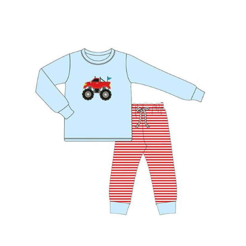( Moq 5 ) Preorder Baby Boys Blue Long Sleeves Truck Shirt Stripes Pants Clothes Set