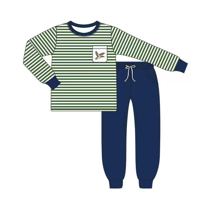 ( Moq 5 ) Preorder Baby Boys Long Sleeves Stripes Ducks Shirt Pockets Pants Clothes Set
