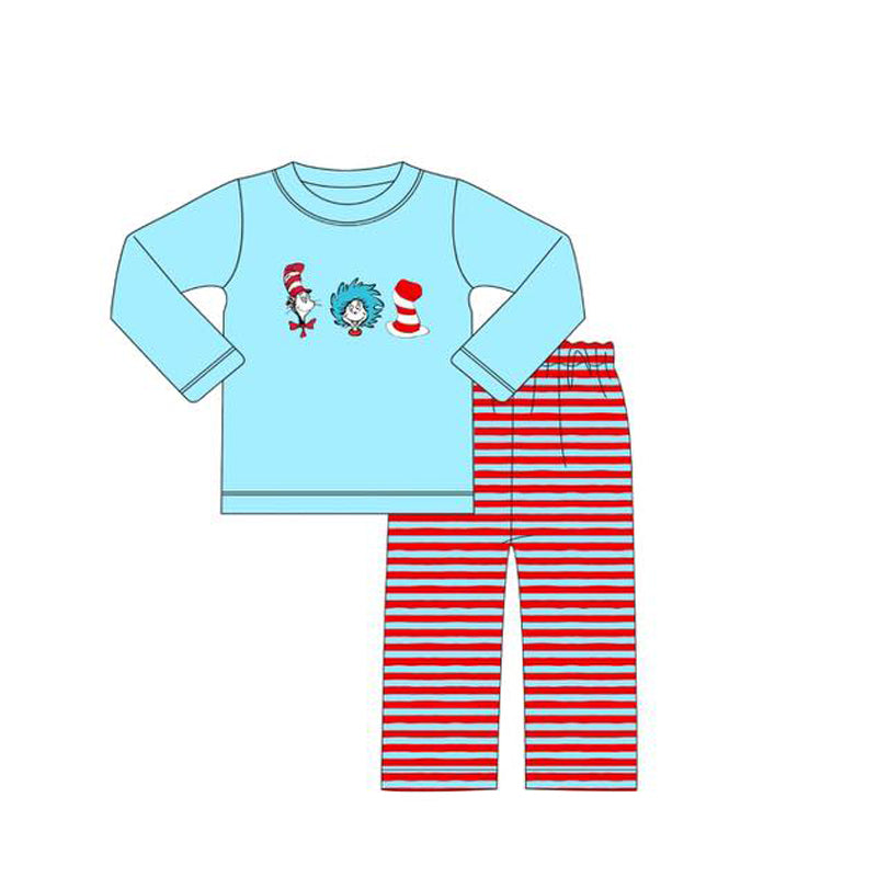 ( Moq 5 ) Preorder Baby Boys Long Sleeves Reading Blue Shirt Stripes Pants Clothes Set