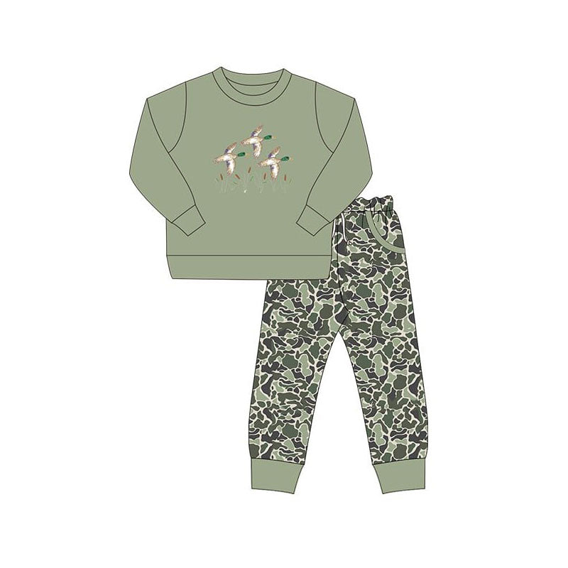 ( Moq 5 ) Preorder Baby Boys Long Sleeves Ducks Shirt Green Camo Pants Hunting Clothes Set
