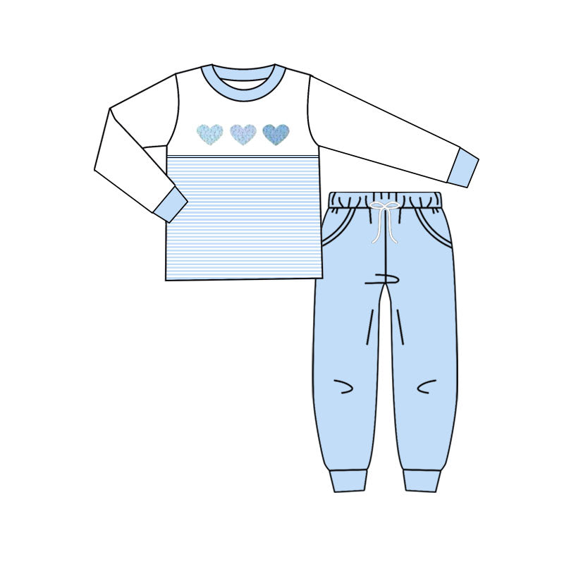 ( Moq 5 ) Preorder Baby Boys Long Sleeves Hearts Shirt Blue Pockets Pants Valentine Clothes Set