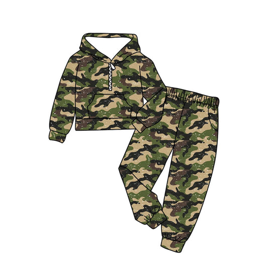 ( Moq 5 ) Preorder Baby Boys Long Sleeves Green Camo Hoodie Shirt Pockets Pants Clothes Set