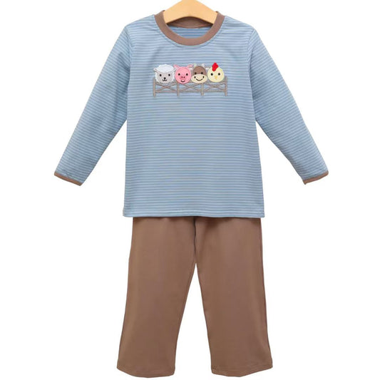 ( Moq 5 ) Preorder Baby Boys Farm Animals Stripes Shirt Brown Pants Clothes Set