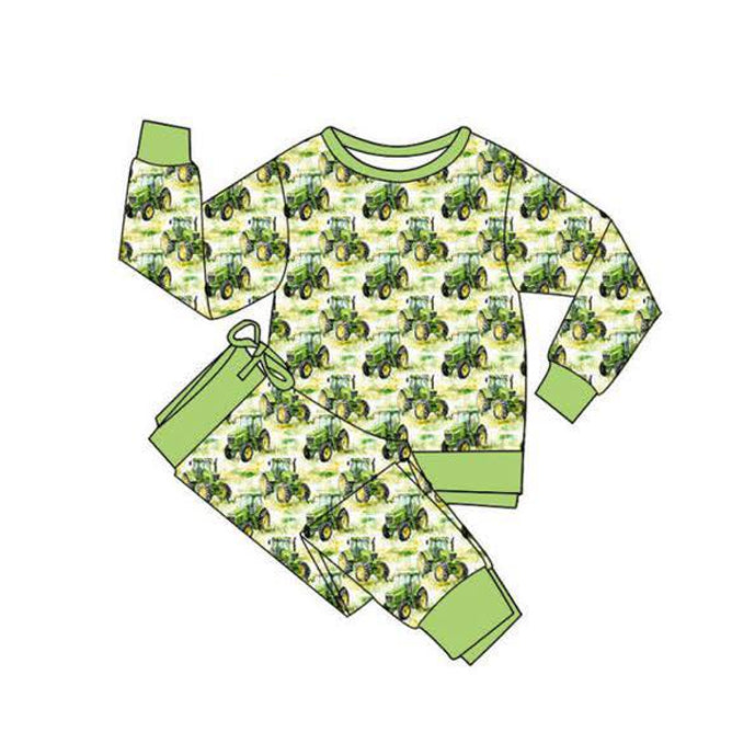 ( Moq 5 ) Preorder Baby Boys Long Sleeves Tractors Farm Shirt Pants Clothes Green Set