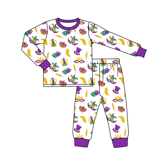 ( Moq 5 ) Preorder Baby Girls Long Sleeves Shirt Masks Pants Mardi Gras Pajamas Set
