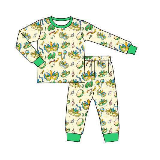 ( Moq 5 ) Preorder Baby Boys Long Sleeves Masks Shirt Pants Mardi Gras Pajamas Set
