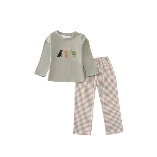 ( Moq 5 ) Preorder Baby Boys Long Sleeve Dogs Fish Deer Shirt Plaid Pants Pajamas Set