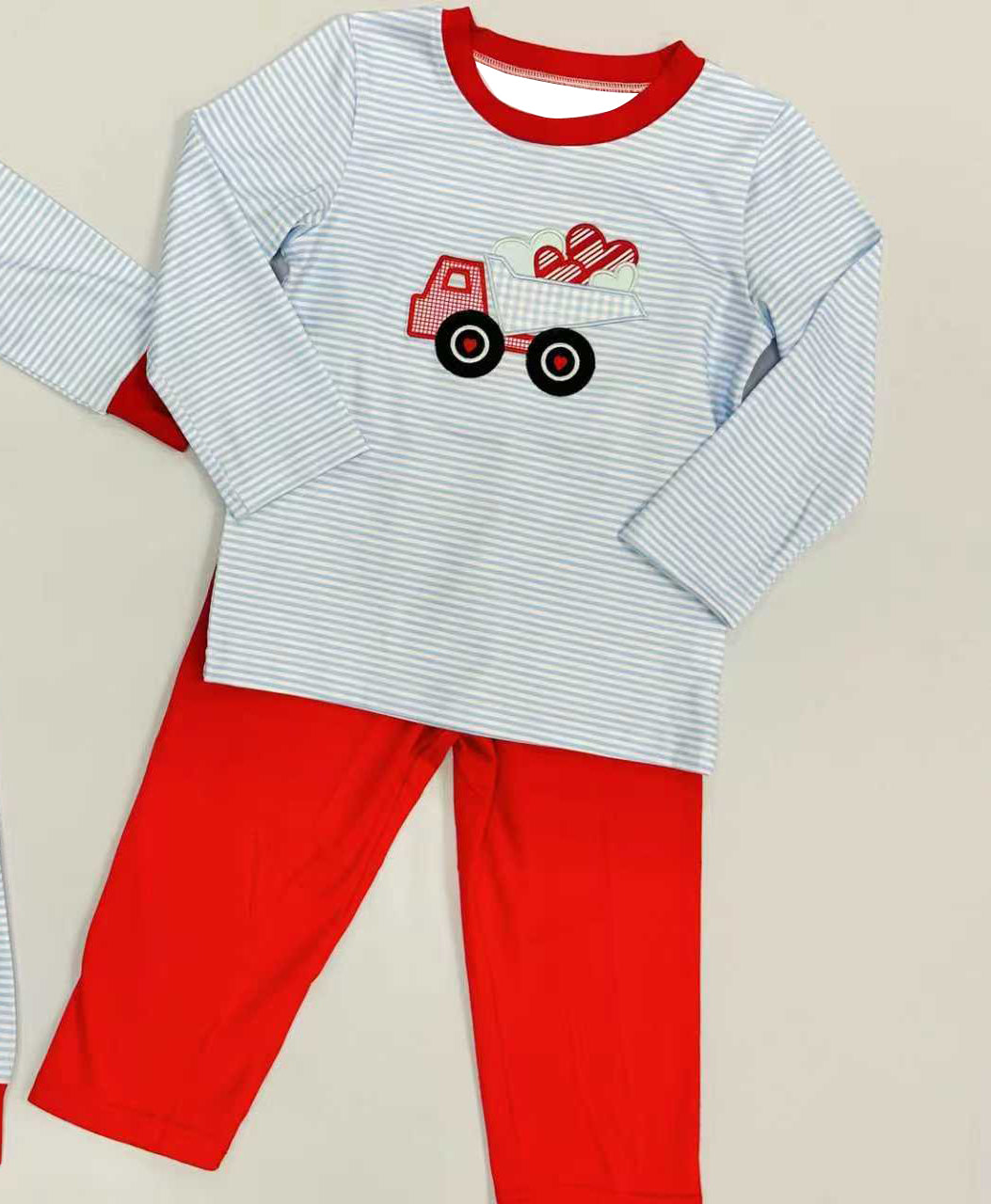 ( Moq 5 ) Preorder Baby Boys Long Sleeves Hearts Truck Stripes Shirt Red Pants Valentine Set