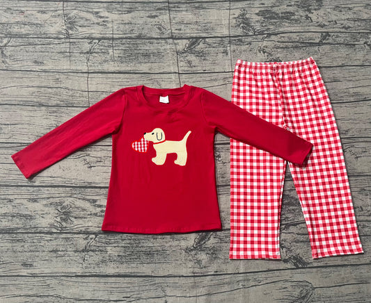 ( No moq ) Preorder Baby Boys Red Long Sleeves Embroidery Dog Heart Shirt Plaid Pants Valentine Set