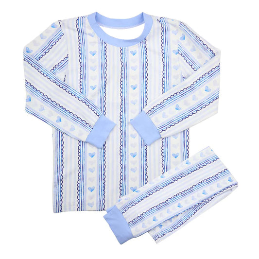 ( Moq 5 ) Preorder Baby Boys Long Sleeves Blue Hearts Stripes Shirt Pants Valentine Pajamas Set