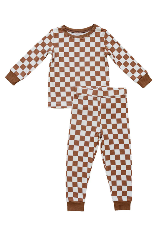 ( Moq 5 ) Preorder Baby Boys Kids Long Sleeves Brown Checked Shirt Pants Pajamas Set