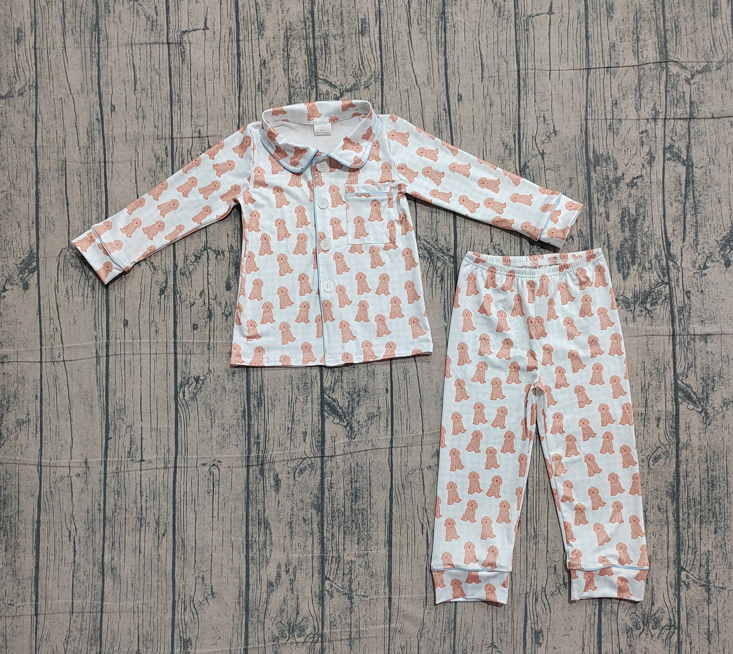Baby Boys Kids Long Sleeves Dogs Buttons Pocket Shirt Blue Paid Pants Pajamas Set RTS
