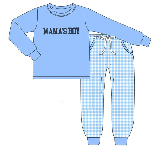 ( Moq 5 ) Preorder Baby Kids Long Sleeves Mama's Boy Shirt Blue Plaid Pockets Clothes Set