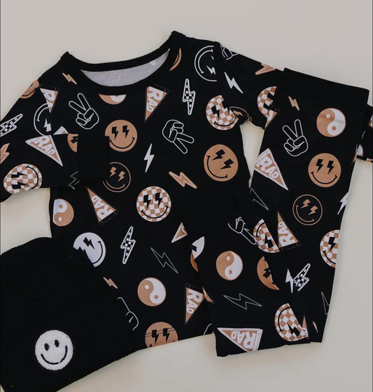 ( Moq 5 ) Preorder Baby Boys Kids Long Sleeves Smile Shirt Pants Black Pajamas Set